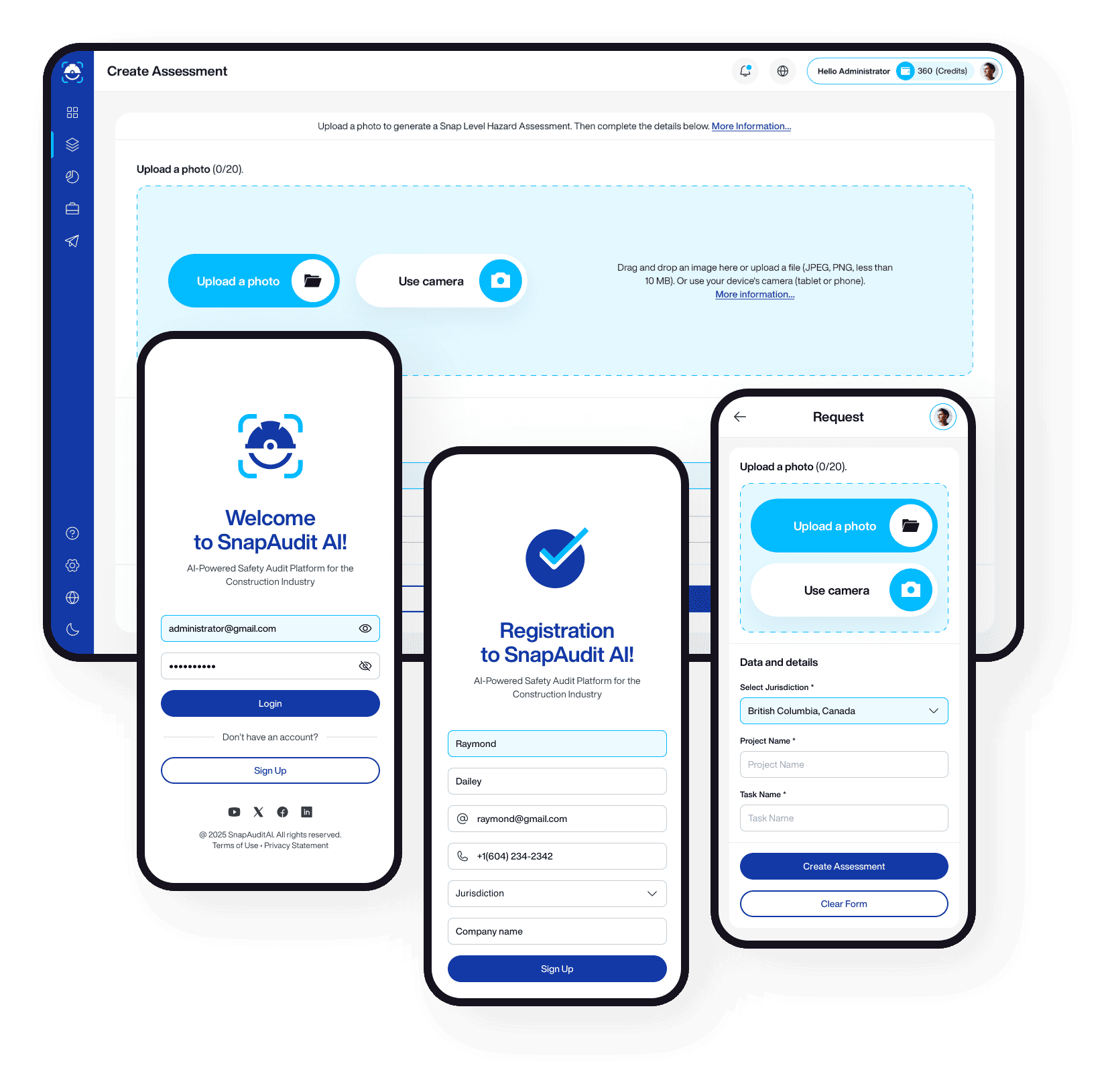 Snap Audit AI interface showing mobile app screens and desktop dashboard