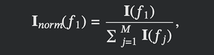 Formula for normalizing feature importance scores so their values sum to one. Formula for normalizing feature importance scores so their values sum to one.