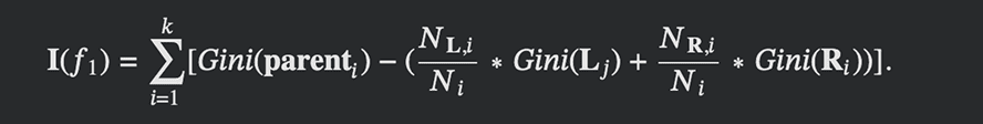 Formula for computing feature importance in decision trees using Gini impurity reduction. Formula for computing feature importance in decision trees using Gini impurity reduction.