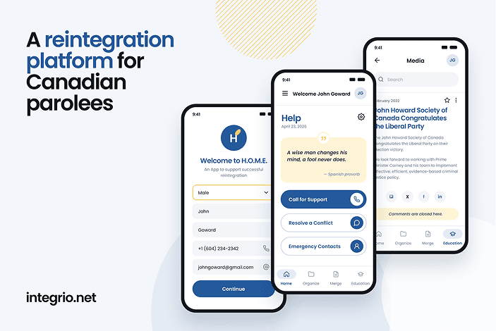 H.O.M.E. mobile app screens for the reintegration of parolees
