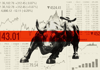 Bull figure over a stock market data board