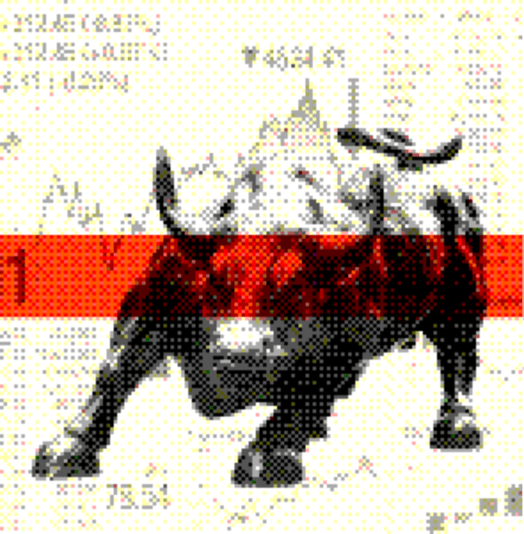 Bull figure over a stock market data board