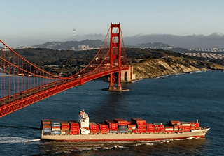 Cargo ship sailing under a suspension bridge