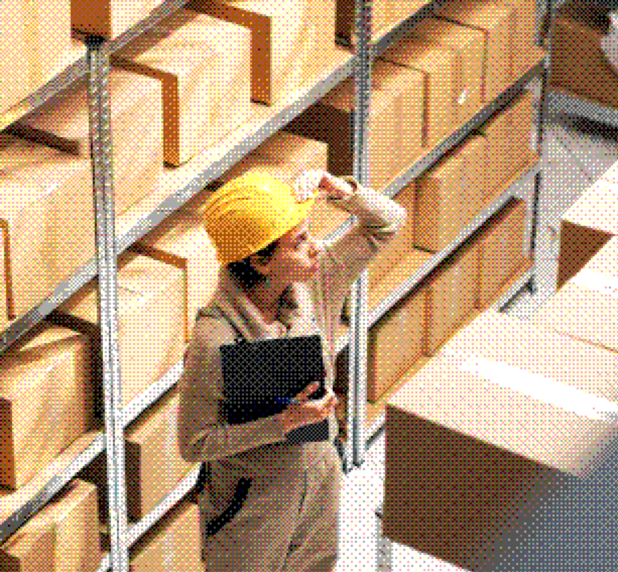Warehouse employee in a yellow helmet checking stock with a tablet